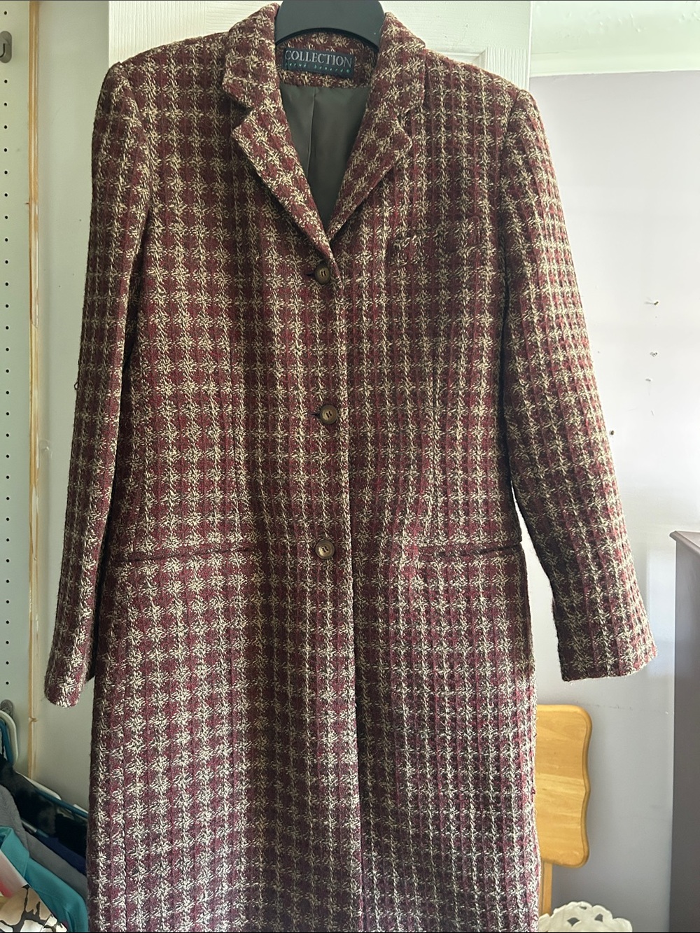 Collection B Women's Burgundy and Cream Plaid Wool-Blend Pea Coat